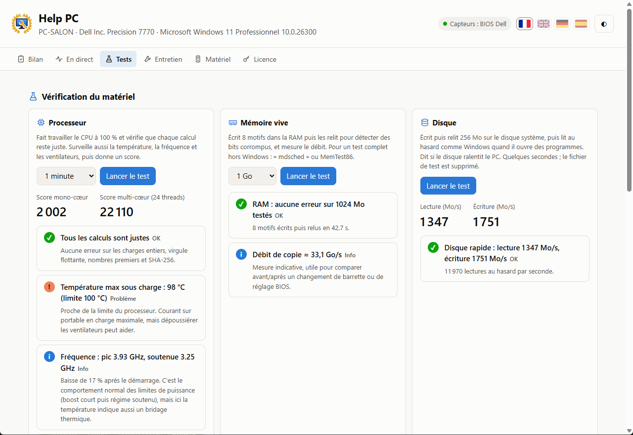 Résultats des tests du processeur, de la mémoire et du disque.